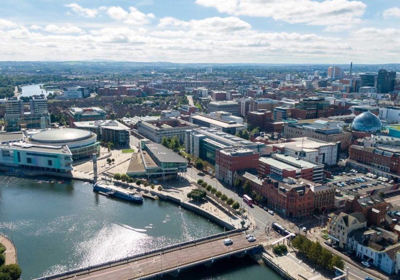 Aerial photo of Belfast City Skyline Cityscape in Northern Ireland.