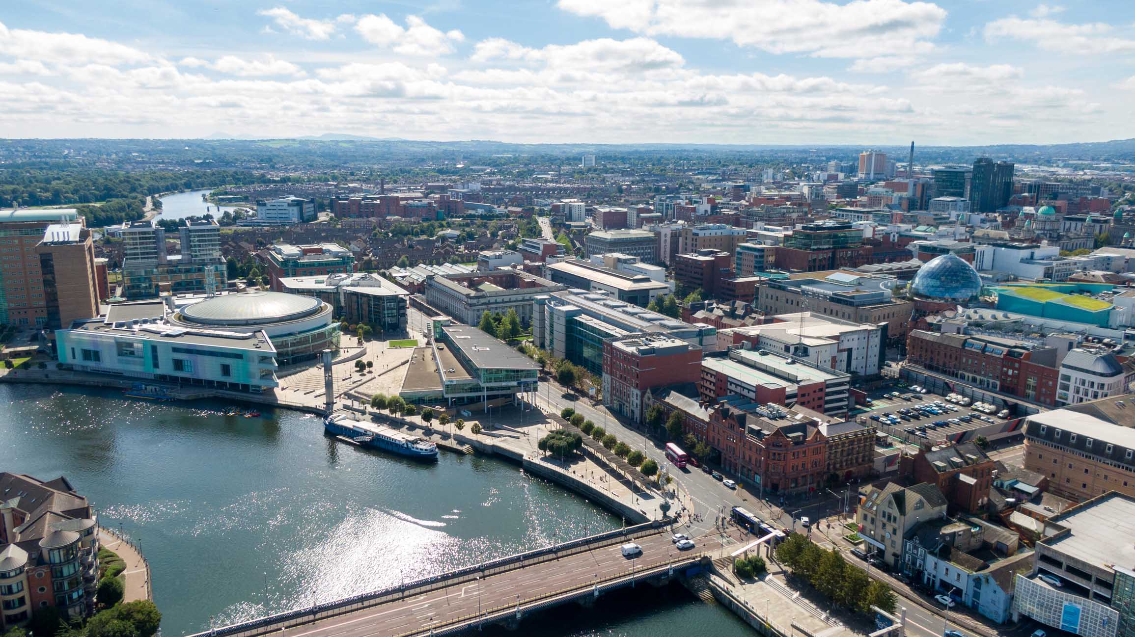 Aerial photo of Belfast City Skyline Cityscape in Northern Ireland.