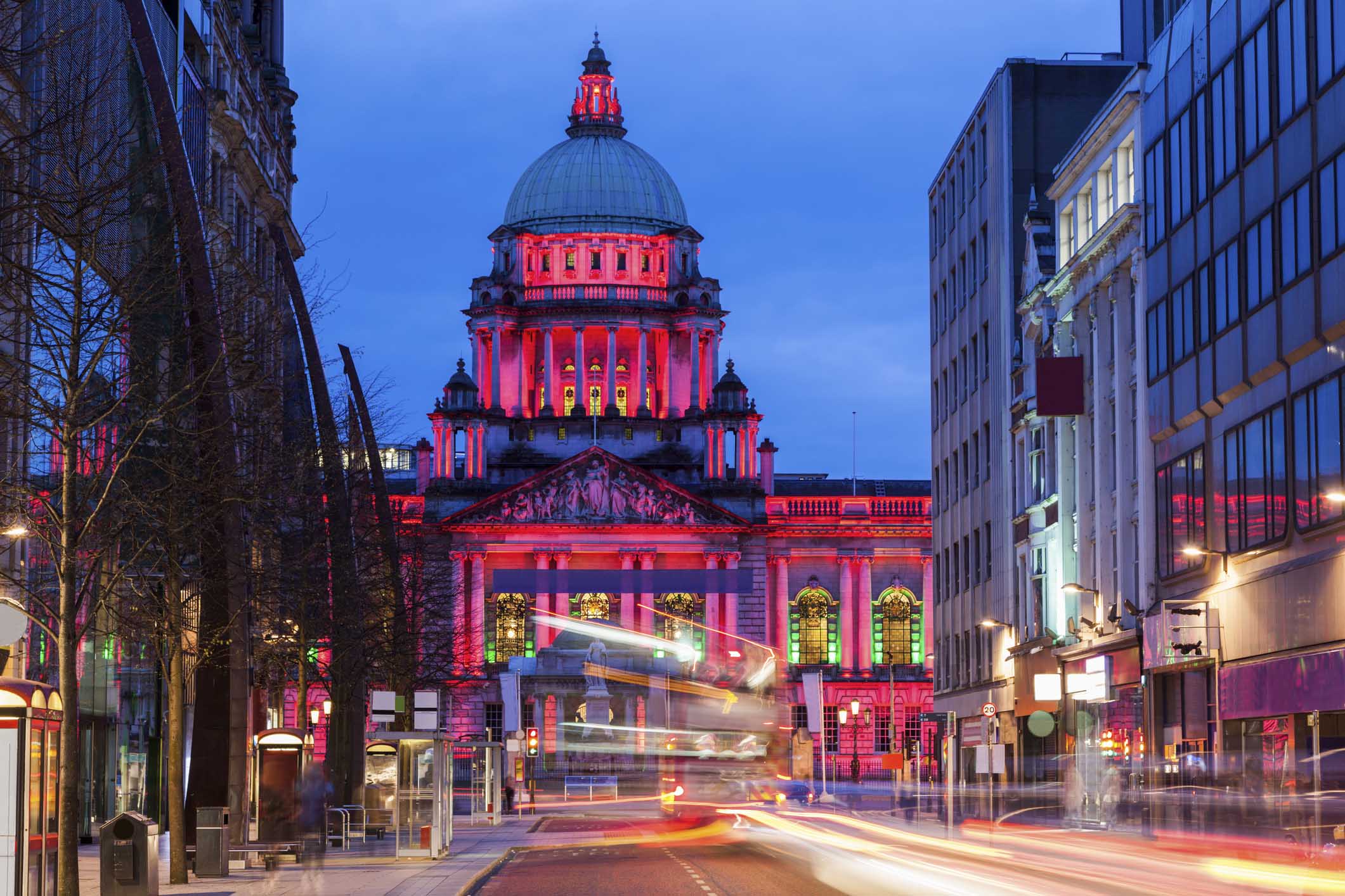 Illuminated Belfast City Hall at evening. Belfast, Northern Ireland, United Kingdom.